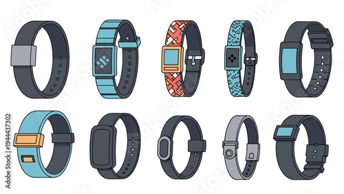 Collection of ten different fitness trackers and smartwatches with various strap patterns and digital screen designs.