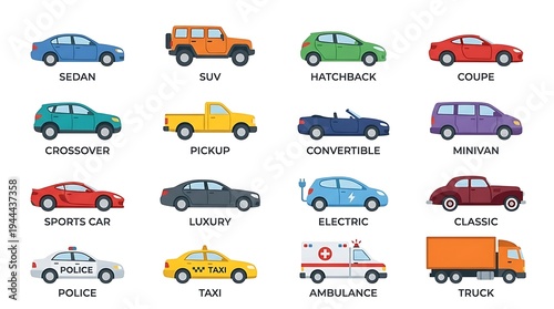 Different types of cars illustration.