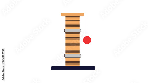 Tall cat scratching post wrapped in sisal rope featuring a red hanging toy ball for feline exercise and entertainment.