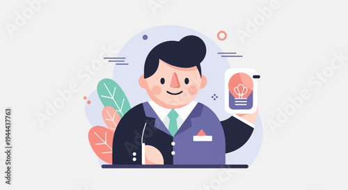 Businessman holding a card with a lightbulb, representing an idea