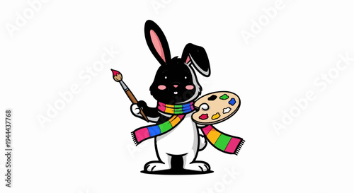 Cartoon bunny artist wearing a colorful scarf, holding palette & brush