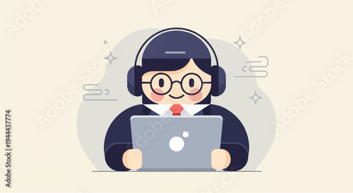 Cartoon character with headphones and laptop