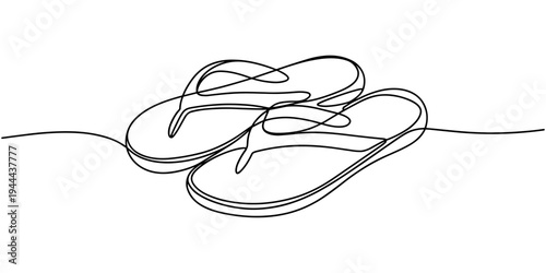 Flip flops beach in continuous one line drawing, Flip Flops Thong Sandals Single Line Drawing with Editable Stroke, One continuous line drawing of slippers for beach. summer party. Single line draw.