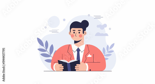 Cartoon man in a suit reading an open book