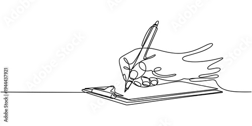 Single continuous line drawing of hand gesture fast writing on paper at clipboard. Business to do list write on notebook concept. One line draw design vector illustration.