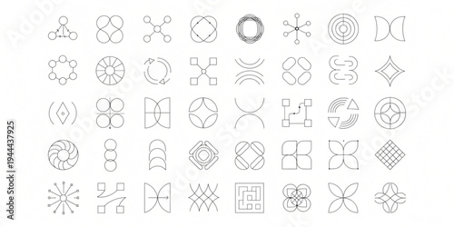 A collection of various geometric shapes and symbols arranged in a grid on a white background.