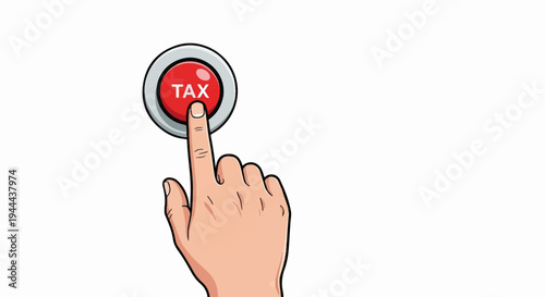 A hand presses a red button with the word "TAX" on it