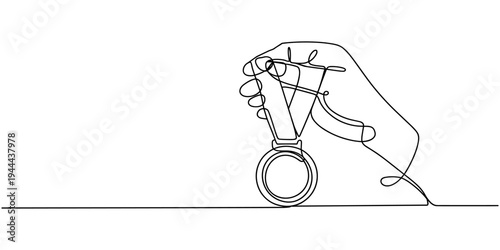 Hand hold medal continuous line drawing. Achievement, Hand holding trophy continuously drawing one line symbol of achievement. one line Icon drawing