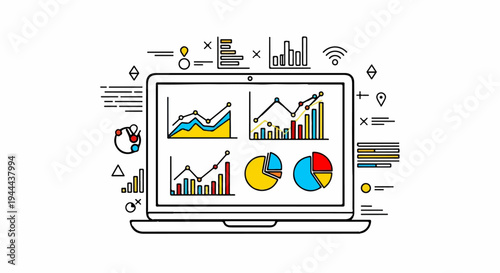 A laptop displays multiple graphs and charts, surrounded by data icons