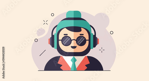 A stylish, cartoonish figure wearing headphones, sunglasses, and a suit
