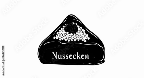 A stylized black and white drawing of a triangular pastry with nuts and white dots