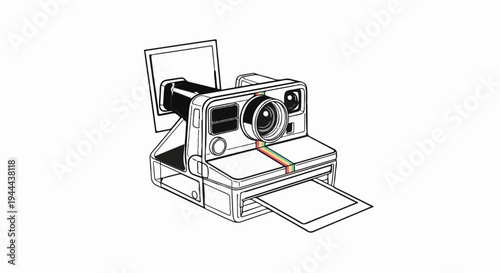 A retro instant camera with a developing photo is illustrated with colorful stripes