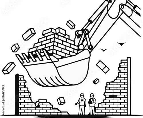 Excavator bucket demolishes brick wall, debris flies, workers watch