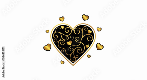 Elegant gold filigree heart with scattered golden hearts on white