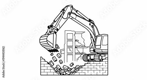 Excavator demolishing brick building, debris falling