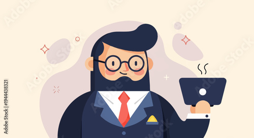 Bearded businessman with glasses and red tie holding laptop, soft background