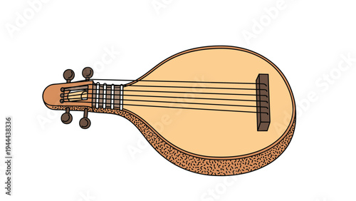 Traditional oval shaped stringed musical instrument with a long neck and wooden body shown in a clean colored illustration.