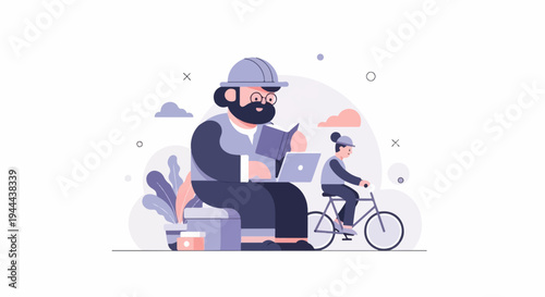 A man with a beard and glasses reads a book while using a laptop, a person bikes