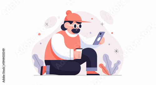 A person in a cap looks at their phone while holding a cup