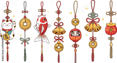 Chinese New Year Hanging Decorations Vector Set with Lucky Cat, Koi Fish, Gold Coins, Lantern, Bells and Traditional Asian Festive Ornaments