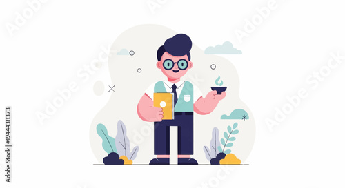 A person in formal attire holding a book and a steaming bowl