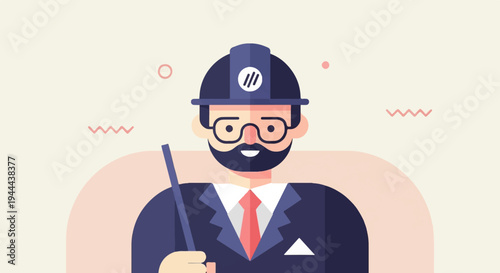 Flat illustration of a bearded man in a hard hat with a pointer stick