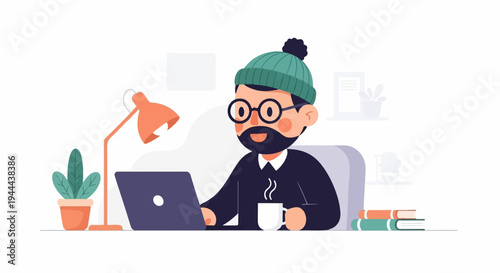 Flat illustration of a man in a beanie working on a laptop with coffee