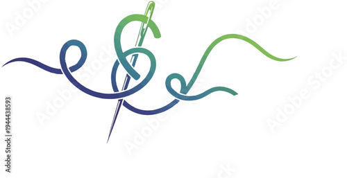 Abstract needle and thread forming curves, gradients of blue to green