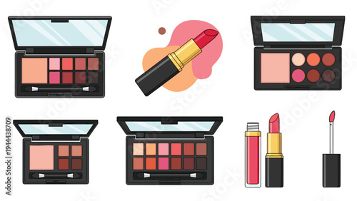 Beauty kit set containing various eyeshadow palettes, lipsticks, and lip gloss products in shades of pink, red, and brown.