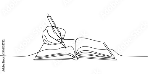 Continuous line of hand writing on book paper with pen. business finance sign contract sketch drawing editable stroke vector illustration.