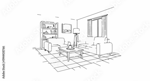 Minimalist living room sketch with two sofas, coffee table, bookshelf, and window