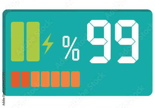 Digital display shows 99% battery. Modern, vibrant graphic with battery bars and numeric percentage. Clean, professional design. Suitable for tech and energy themes.