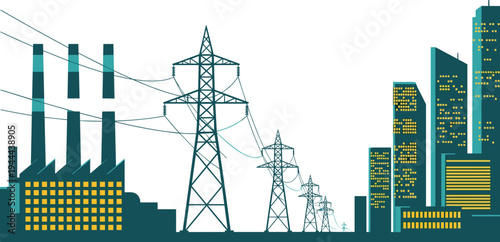 Electric power transmission towers with factory and city skyline urban energy grid infrastructure vector illustration electricity distribution concept