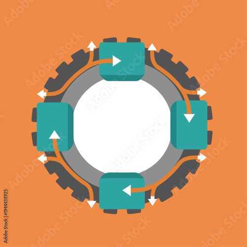 Illustrative diagram showcases a magnetic motor stator with circulating magnetic flux. Clean, modern design highlights the motor's core components. Ideal for technical or educational visuals.