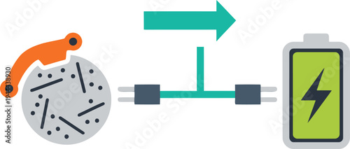 Illustrates battery charging via braking flow. Modern, flat design with orange brake, teal flow, and green battery. Clean, graphic concept for energy efficiency.