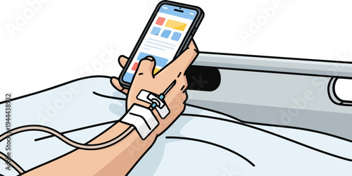 Patient in hospital bed using a smartphone with an IV drip