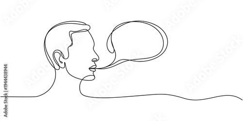 Head man talk with speech bubble outline, conversation person, speak, continuous line drawing. Graphics minimalist linear. Balloon for communication, statement. Vector illustration