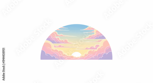 Pastel-colored clouds form a dreamy sunset over a hazy horizon