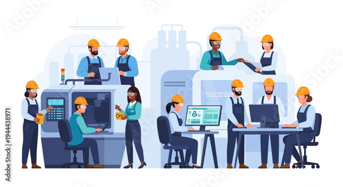 Diverse Factory Workers Operating Modern Machinery and Computers in an Advanced Production Plant - Industrial Engineering Team Collaboration