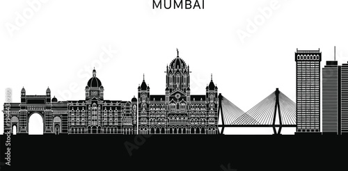 Mumbai skyline silhouette with Gateway of India Chhatrapati Shivaji Terminus Bandra Worli Sea Link vector city illustration