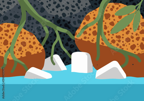 Lava rock filter media creates a vibrant aquatic scene. Bold orange rocks contrast with green plants and blue water. Perfect for aquarium displays.