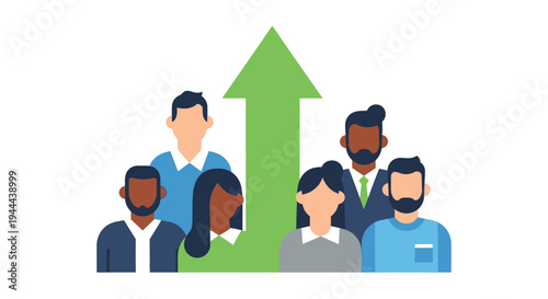 Diverse Professional Team Achieving Growth and Success. Upward Green Arrow Symbolizes Business Progress, Teamwork, and Development.