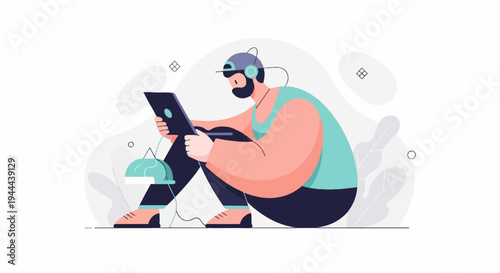 Person wearing headphones sits with tablet and drawing stylus, surrounded by organic shapes