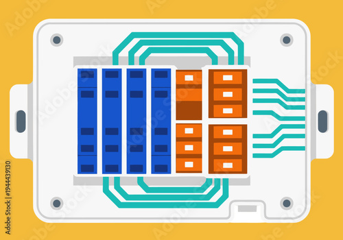 Modern illustration of a power distribution box with brake recovery system. Clean, teal and orange design. Ideal for tech, automotive, or engineering concepts.