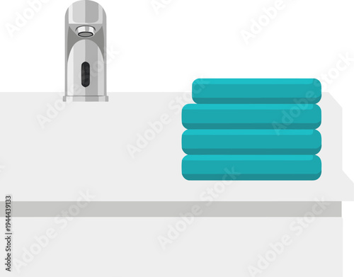 Modern bathroom interior featuring an automatic faucet and neatly folded towels. Clean, minimalist design with a focus on functionality and a contemporary aesthetic.