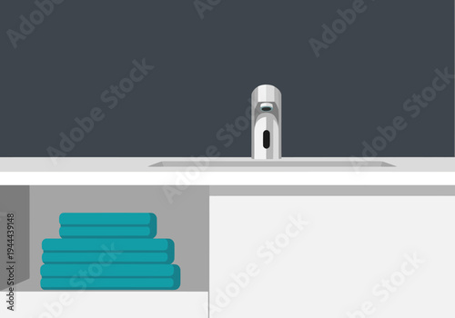 Modern bathroom interior featuring an automatic faucet and neatly stacked towels. Clean, minimalist design with a focus on functionality and style.