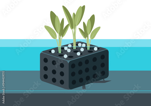 A modern BioBlock filter media pool with sprouting plants. Clean, minimalist design, ideal for health, wellness, or sustainable living visuals.
