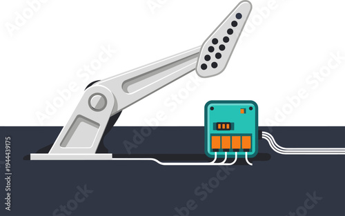 Modern illustration depicts a brake pedal force sensor integrated with a vehicle. Clean, flat design with a dark background and bright accents. Ideal for automotive or technology concepts.