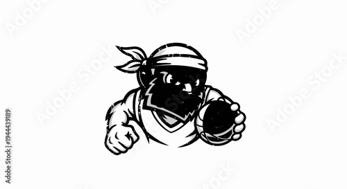 Cartoon character in sports attire holding a ball, black and white