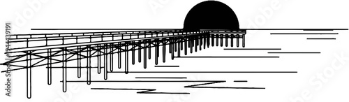 Pier with dark sun setting over water, stylized sketch